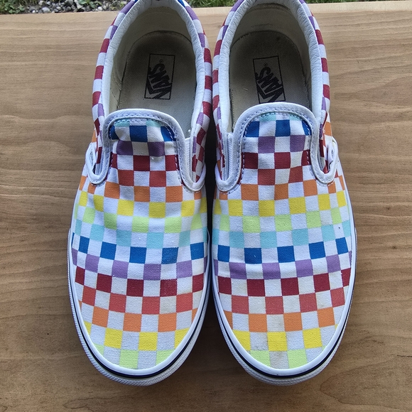 Vibrant Kid’s Vans Rainbow Checkerboard Slip-Ons – Playful + Iconic - Picture 2 of 7